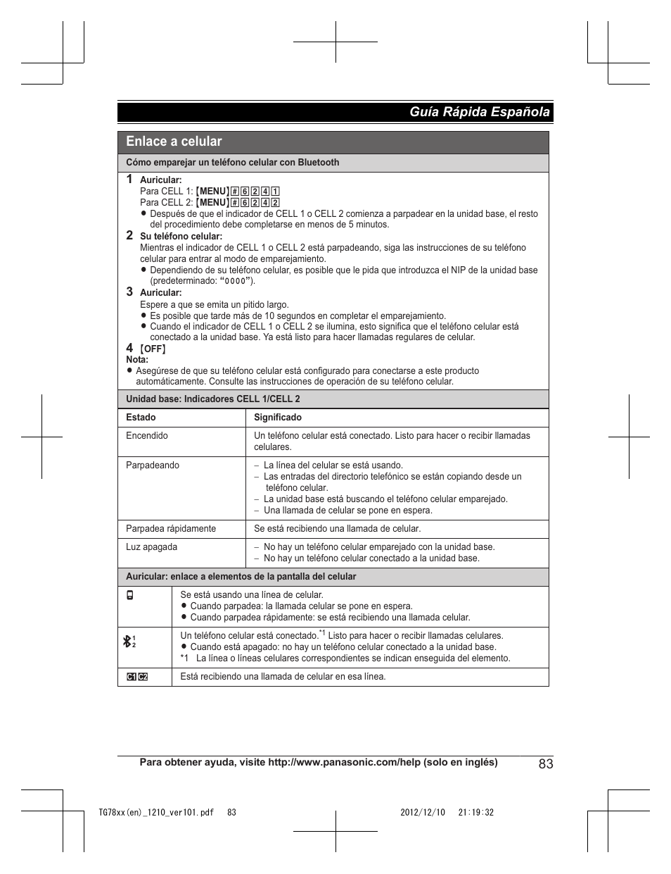 Enlace a celular, 83 guía rápida española | Panasonic KXTG7873 User Manual | Page 83 / 96