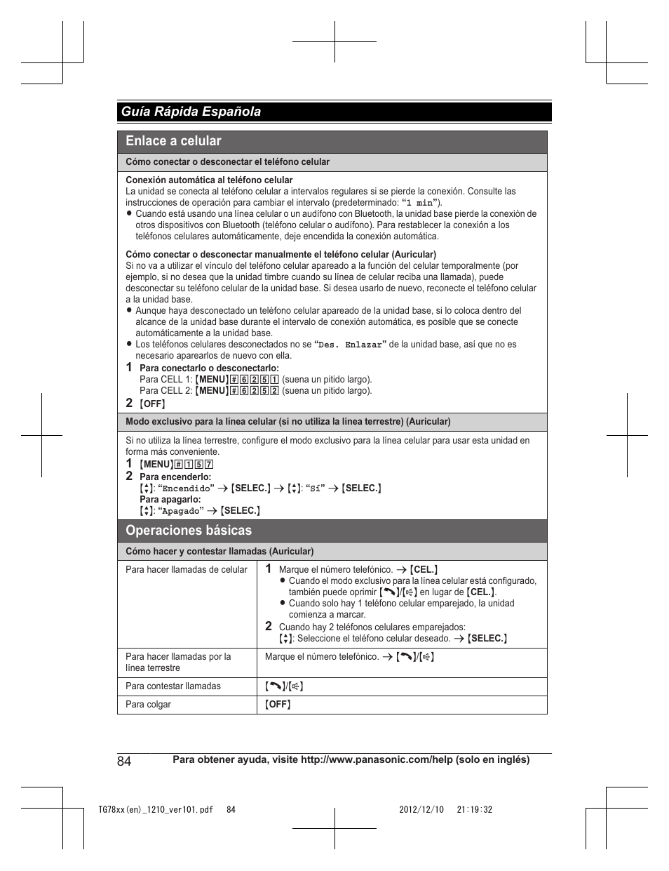 Operaciones básicas, Enlace a celular, Guía rápida española | Panasonic KXTG7873 User Manual | Page 84 / 96