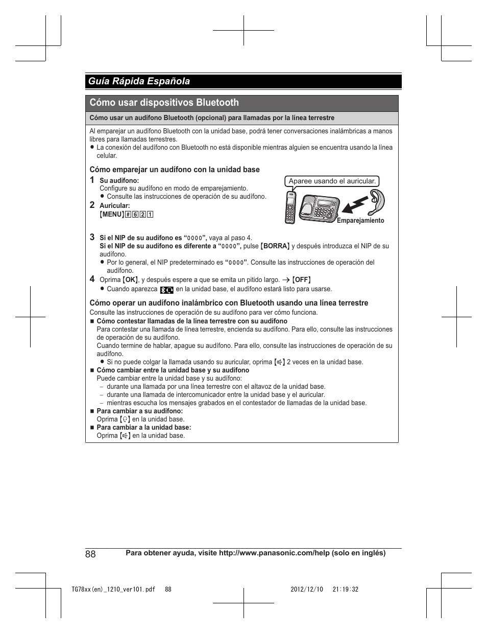 Cómo usar dispositivos bluetooth, Guía rápida española | Panasonic KXTG7873 User Manual | Page 88 / 96