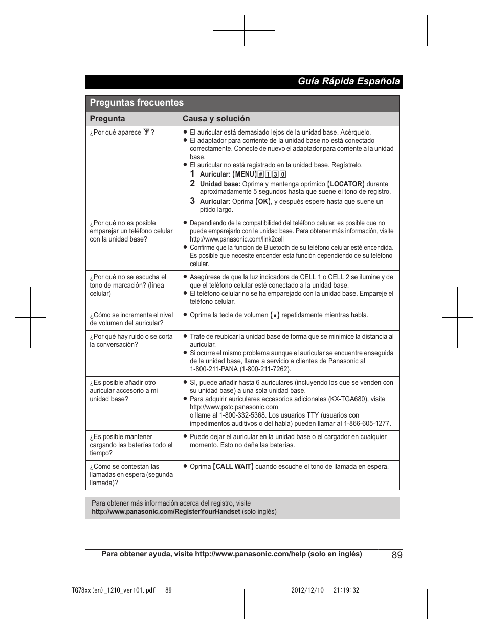 Preguntas frecuentes, 89 guía rápida española | Panasonic KXTG7873 User Manual | Page 89 / 96