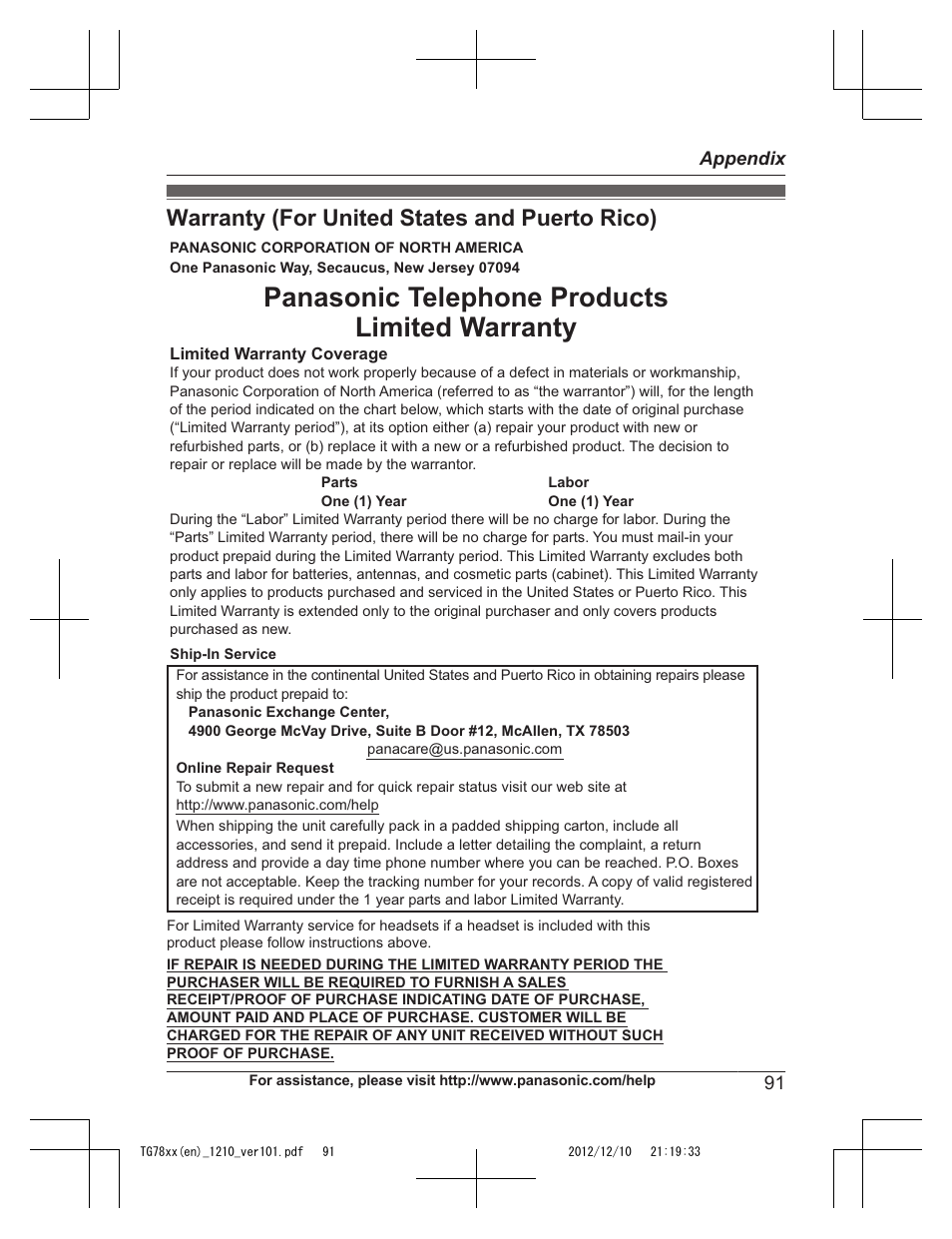 Warranty (for united states and puerto rico), Panasonic telephone products limited warranty | Panasonic KXTG7873 User Manual | Page 91 / 96