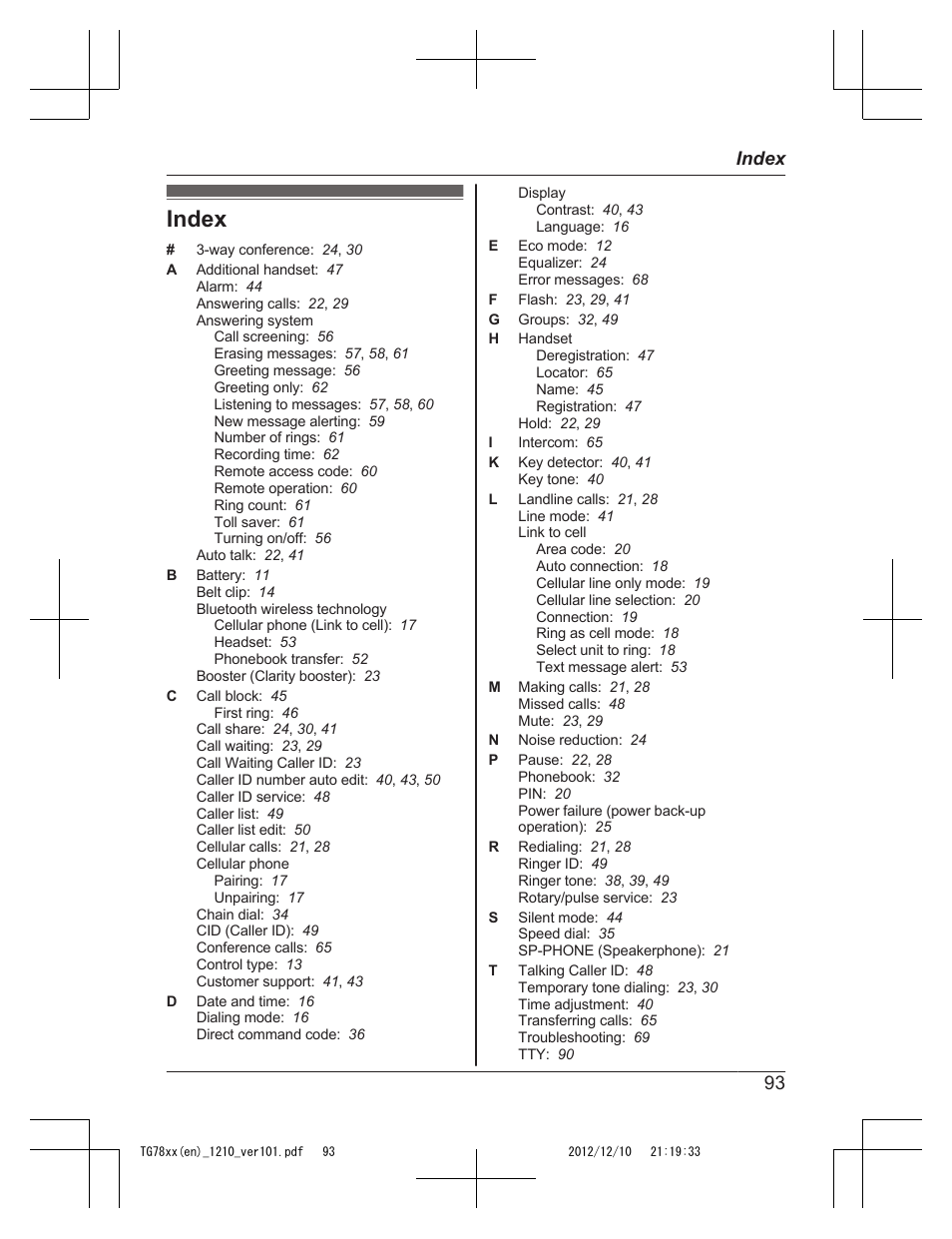 Index, 93 index | Panasonic KXTG7873 User Manual | Page 93 / 96