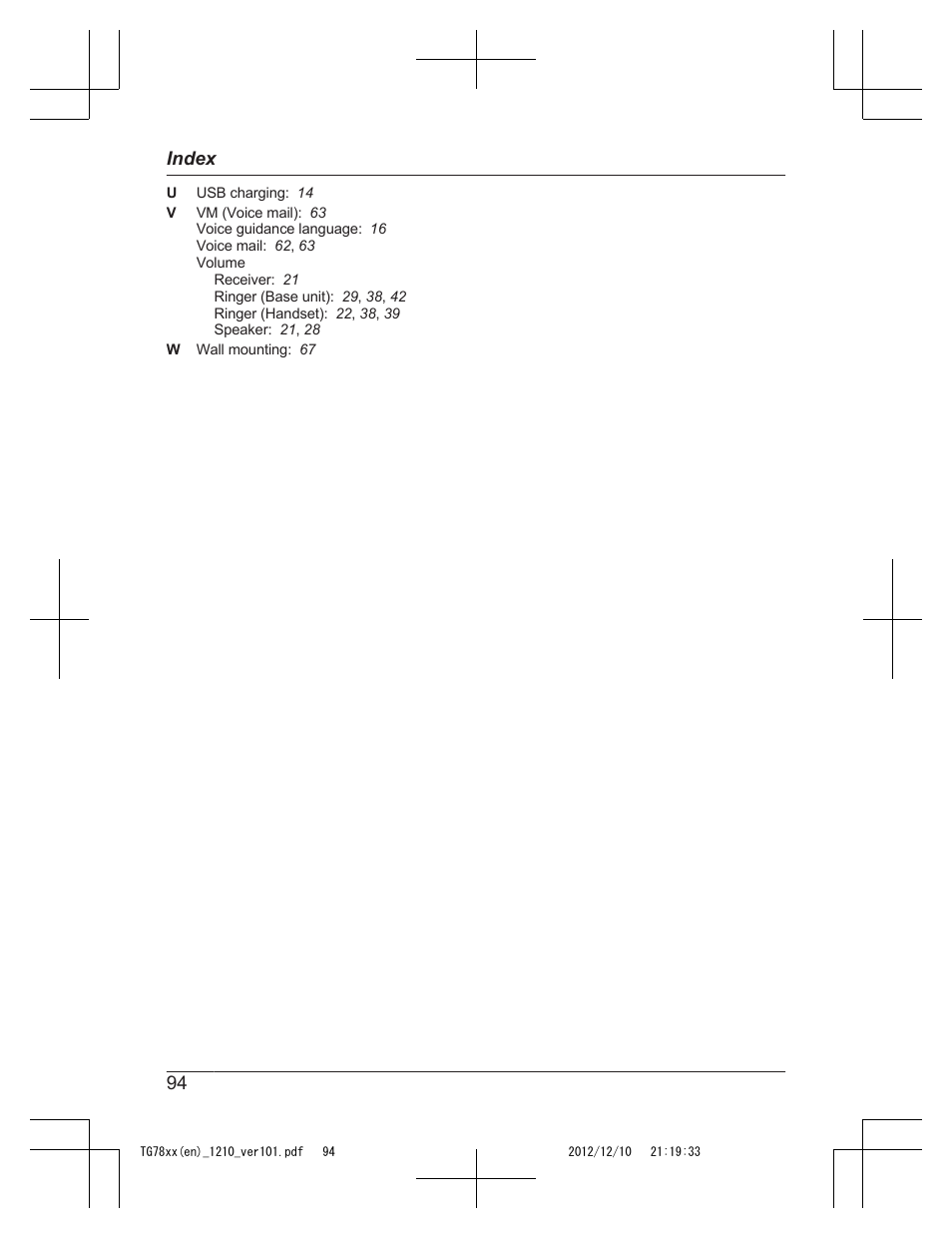 94 index | Panasonic KXTG7873 User Manual | Page 94 / 96