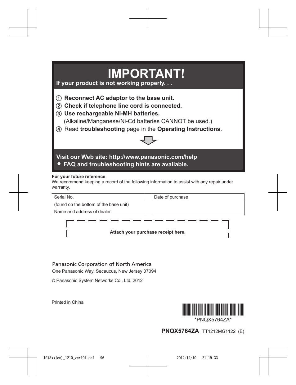 Pnqx5764za, Important | Panasonic KXTG7873 User Manual | Page 96 / 96