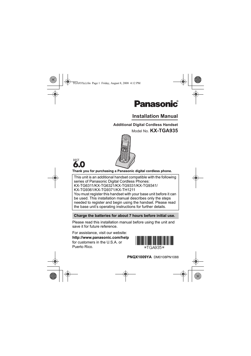 Panasonic KXTGA935 User Manual | 16 pages