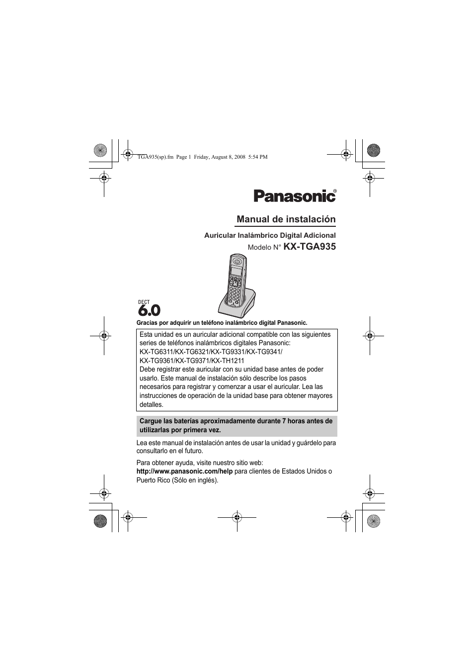 Kx-tga935 manual de instalación | Panasonic KXTGA935 User Manual | Page 12 / 16