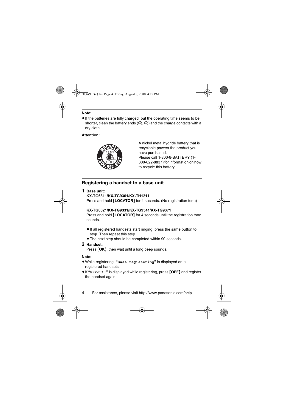 Panasonic KXTGA935 User Manual | Page 4 / 16