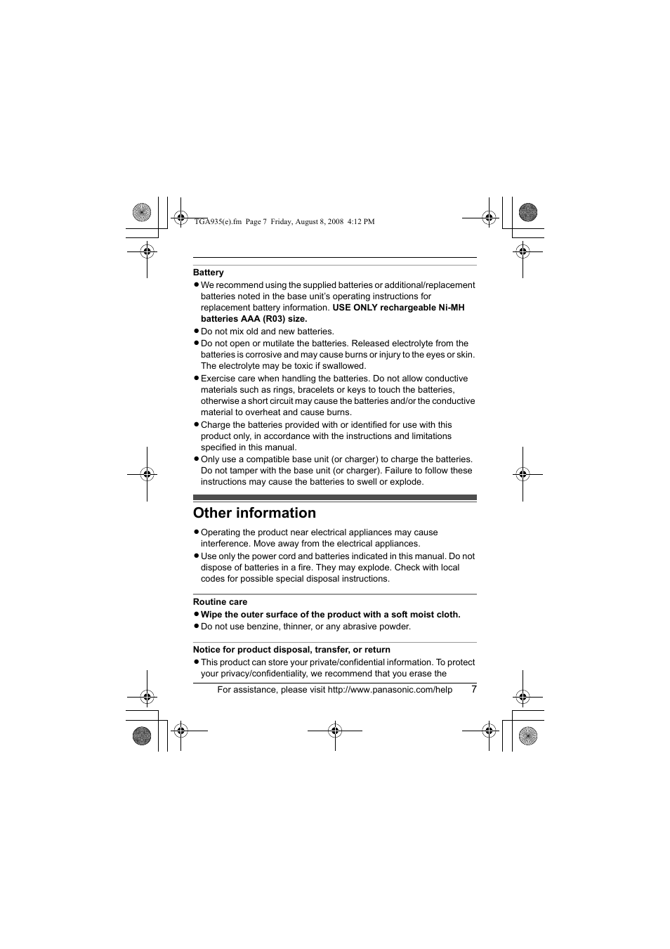 Other information | Panasonic KXTGA935 User Manual | Page 7 / 16