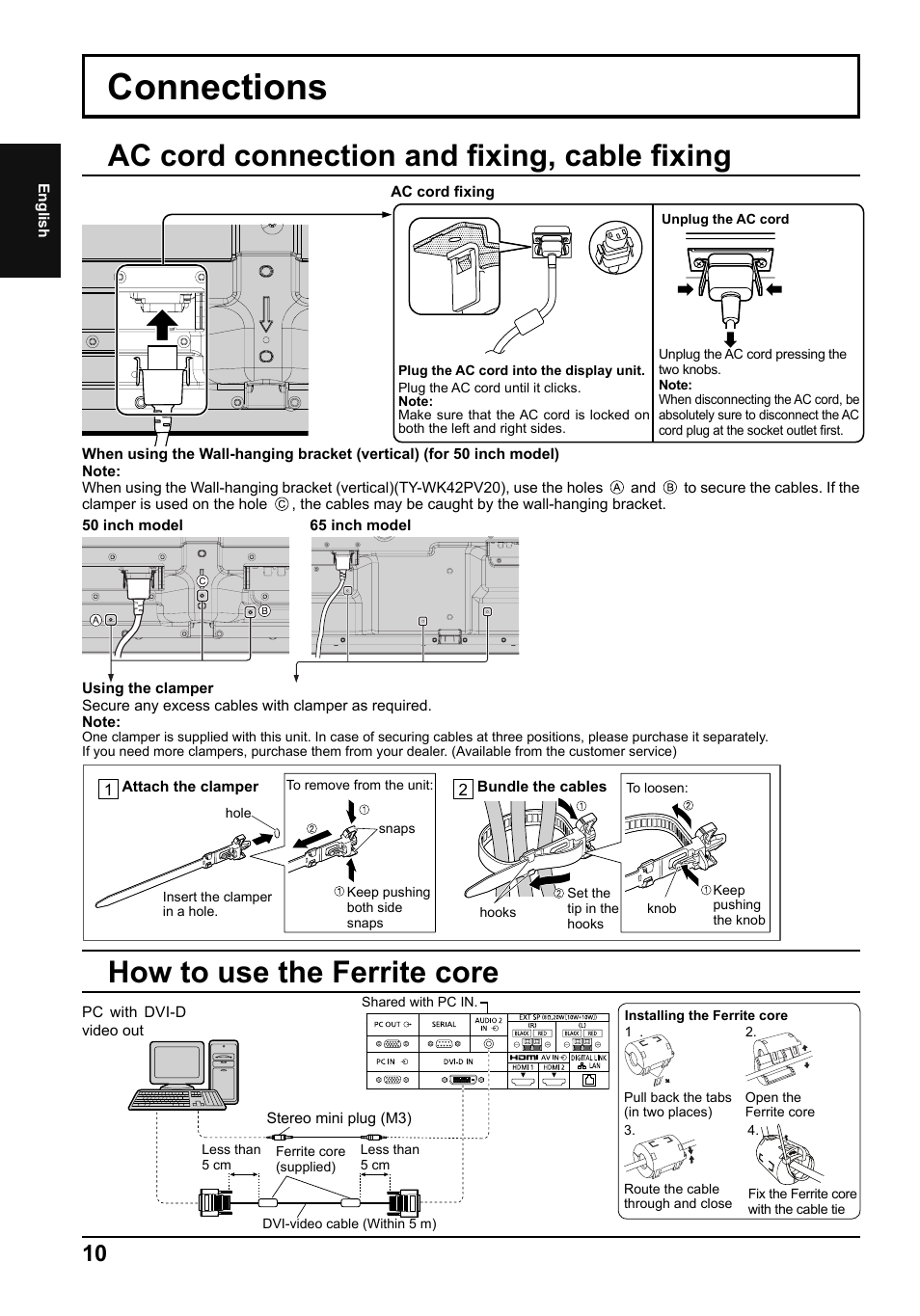 Connections, Ac cord connection and fi xing, cable fi xing, How to use the ferrite core | Panasonic TH65LFB70E User Manual | Page 10 / 36