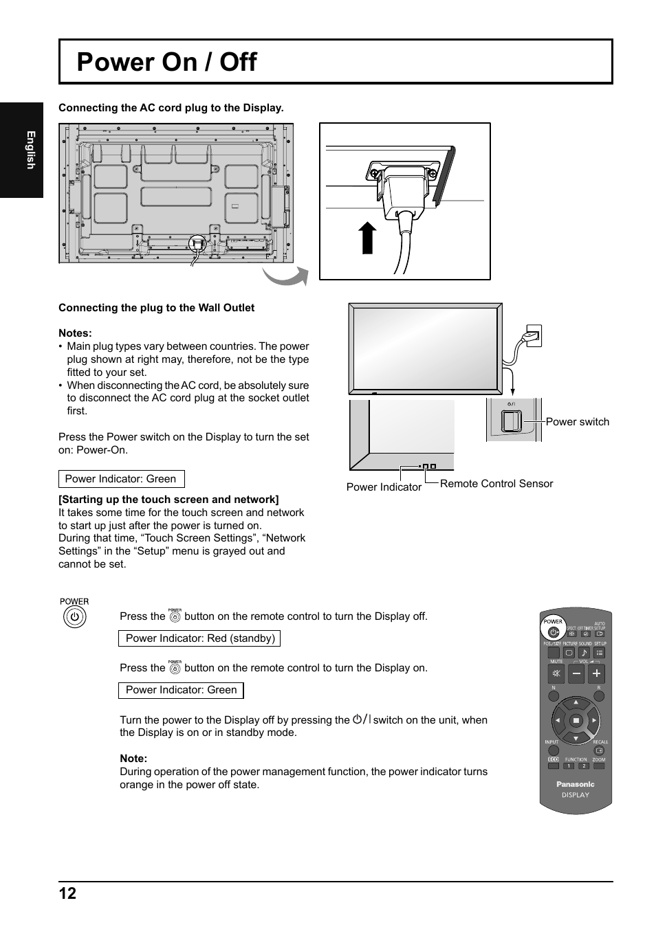 Power on / off | Panasonic TH65LFB70E User Manual | Page 12 / 36