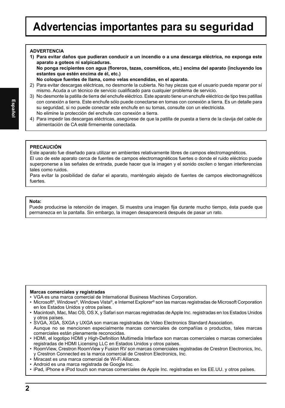 Advertencias importantes para su seguridad | Panasonic TH65LFB70E User Manual | Page 20 / 36