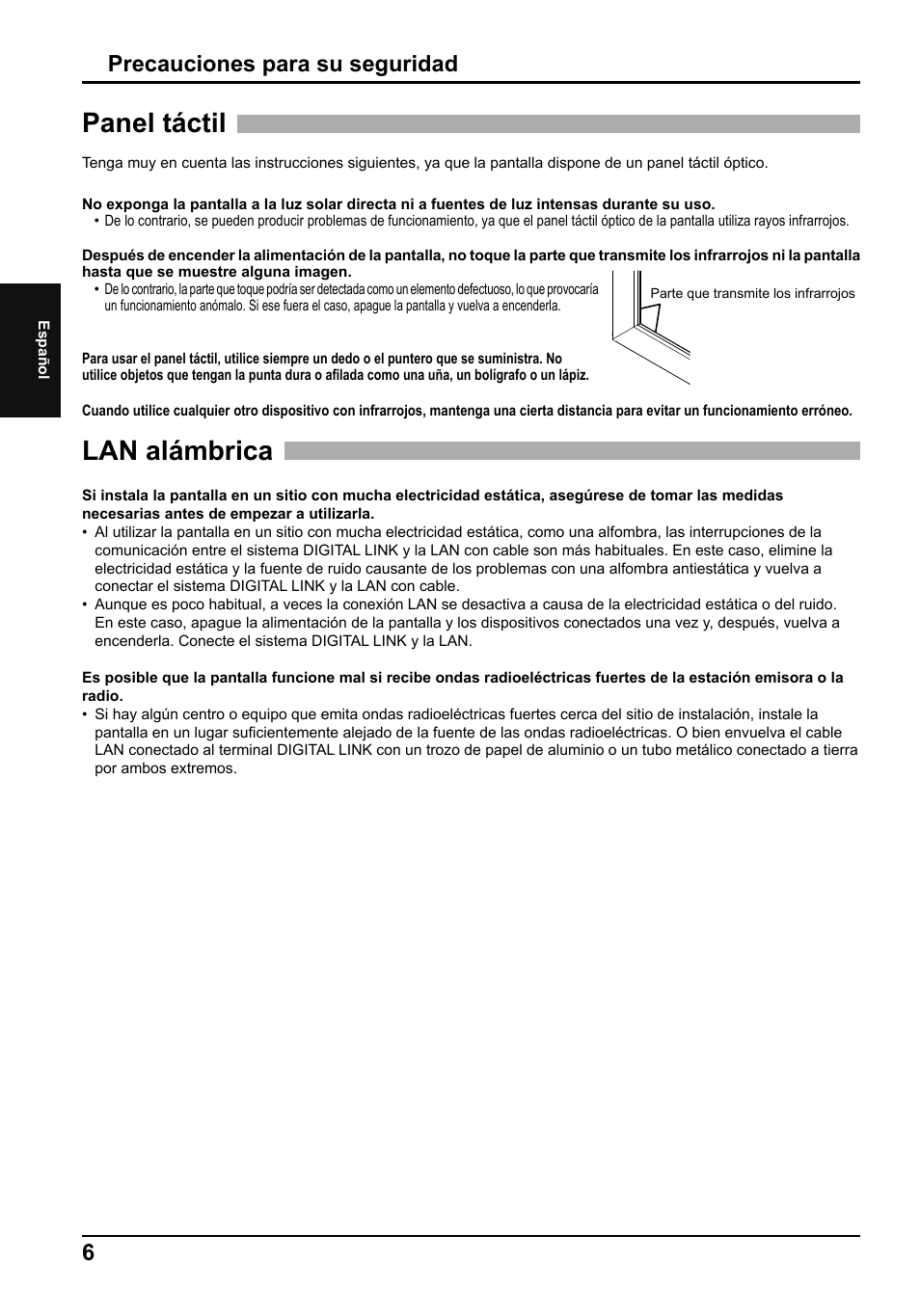 Panel táctil, Lan alámbrica, 6precauciones para su seguridad | Panasonic TH65LFB70E User Manual | Page 24 / 36