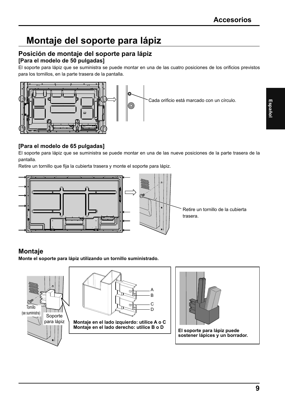 Montaje del soporte para lápiz, 9accesorios, Posición de montaje del soporte para lápiz | Montaje | Panasonic TH65LFB70E User Manual | Page 27 / 36