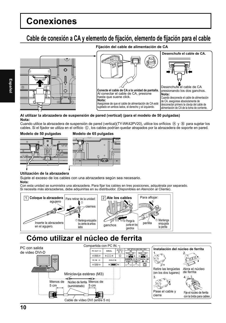 Conexiones, Cómo utilizar el núcleo de ferrita | Panasonic TH65LFB70E User Manual | Page 28 / 36