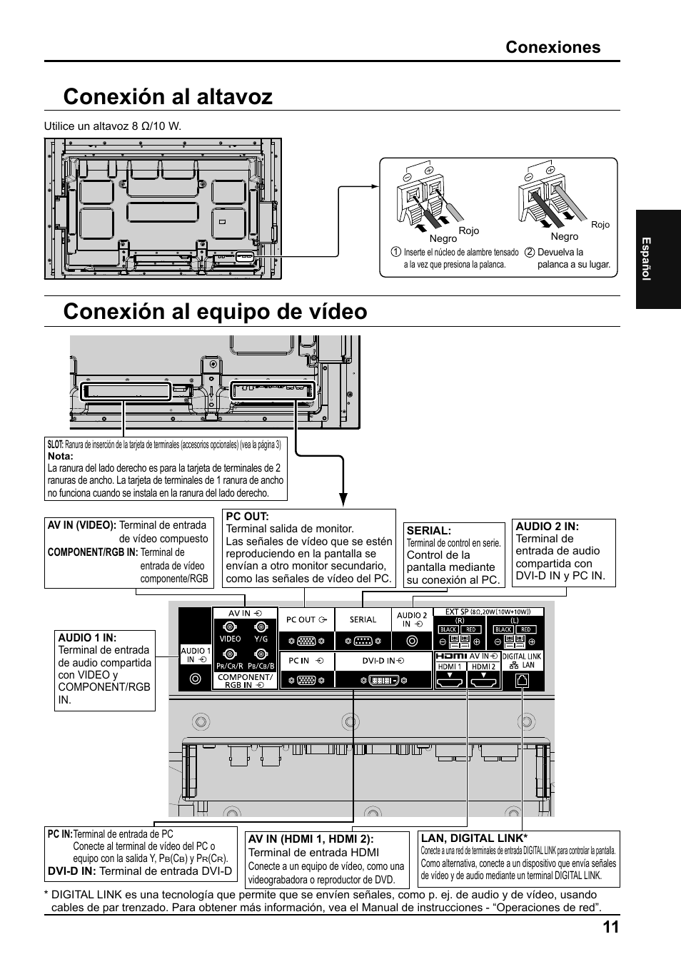 Conexión al altavoz, Conexión al equipo de vídeo, 11 conexiones | Panasonic TH65LFB70E User Manual | Page 29 / 36