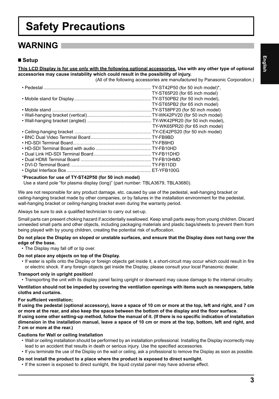 Safety precautions, Warning | Panasonic TH65LFB70E User Manual | Page 3 / 36