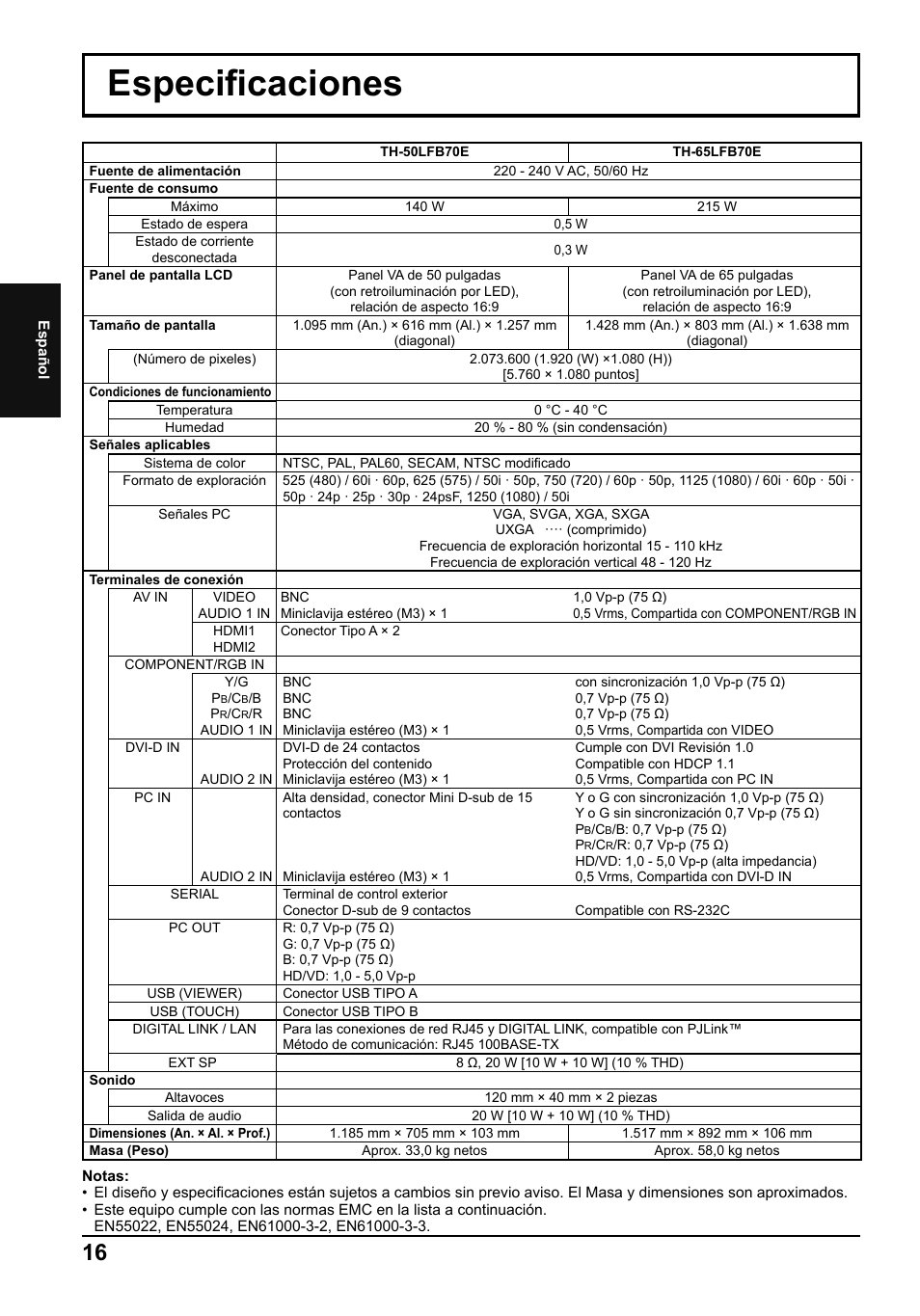 Especi¿ caciones | Panasonic TH65LFB70E User Manual | Page 34 / 36