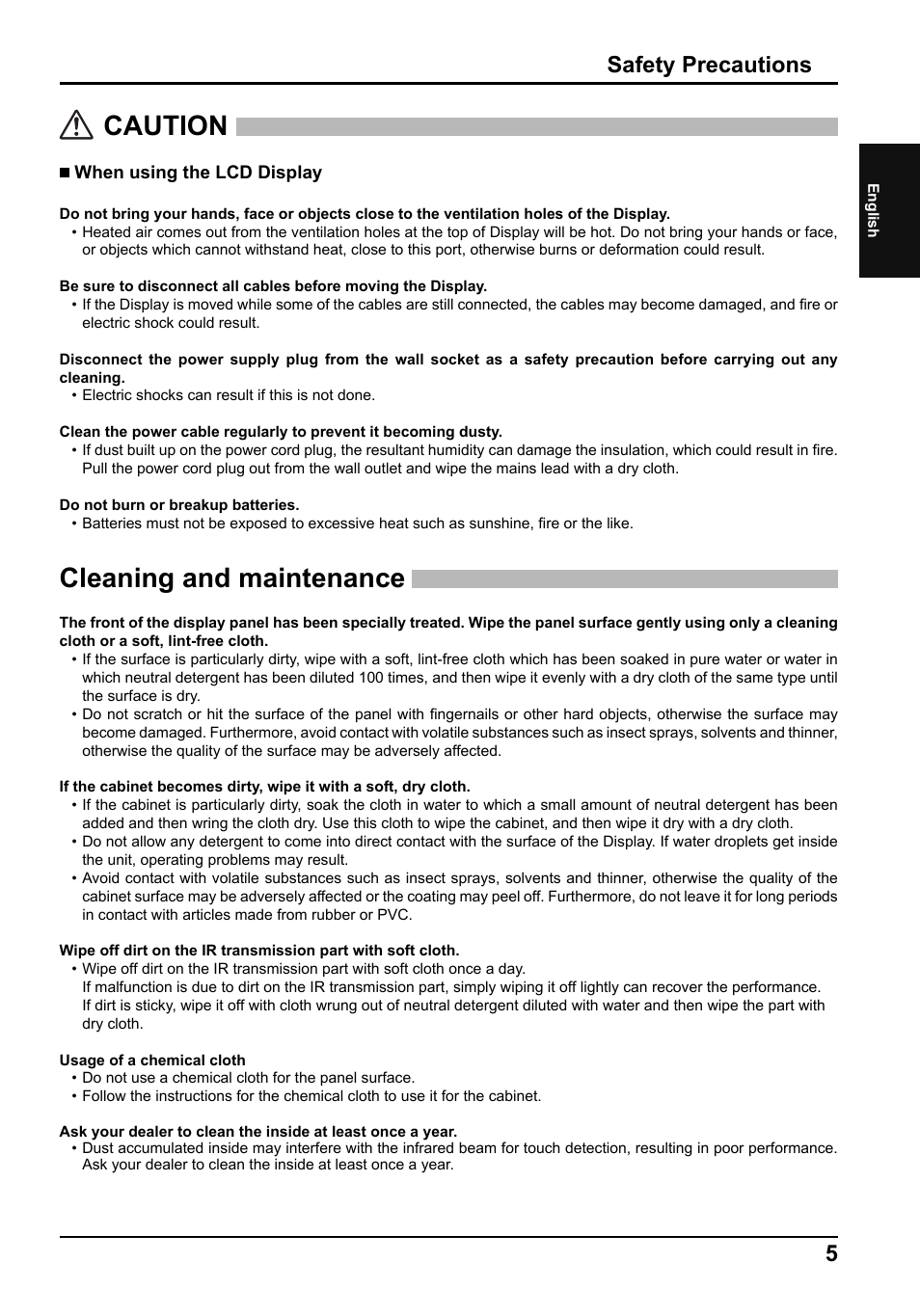 Caution, Cleaning and maintenance, Safety precautions | Panasonic TH65LFB70E User Manual | Page 5 / 36