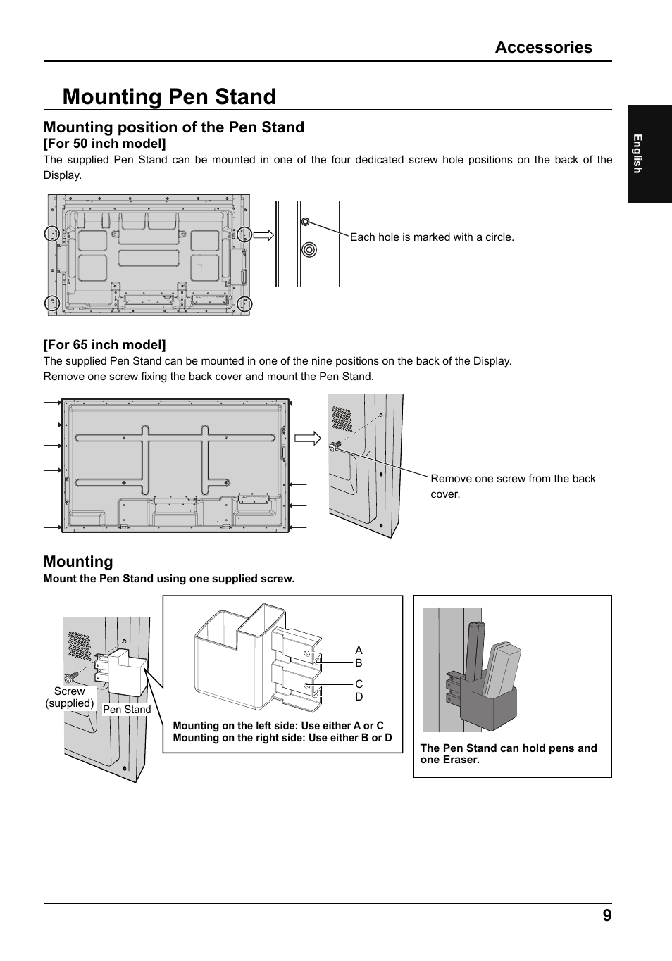 Mounting pen stand, Accessories, Mounting position of the pen stand | Mounting | Panasonic TH65LFB70E User Manual | Page 9 / 36