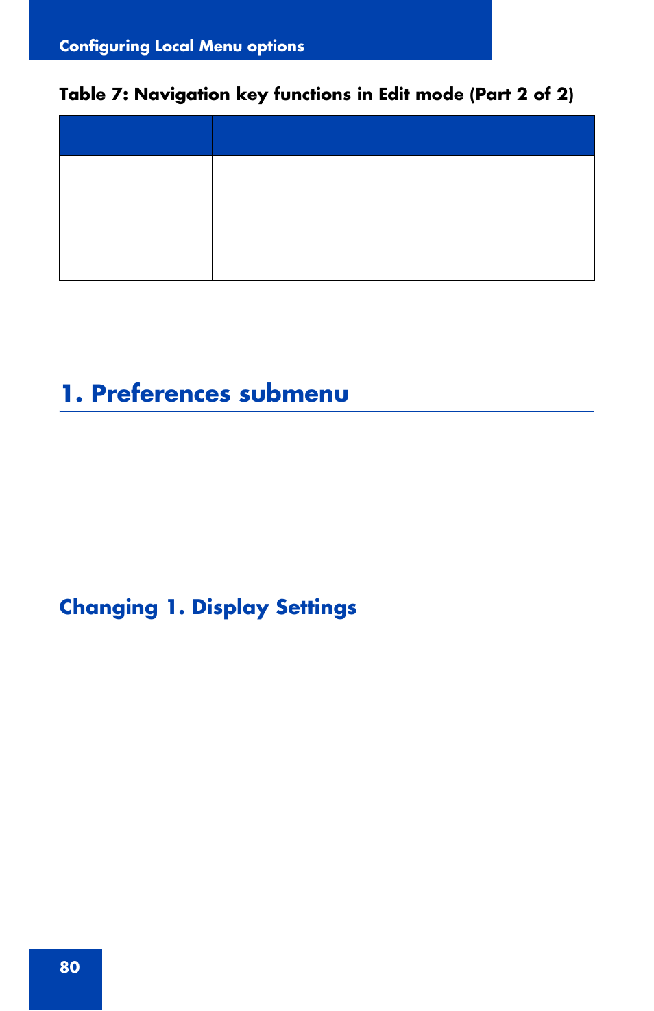Preferences submenu, Changing 1. display settings | Avaya 1120E User Manual | Page 80 / 214