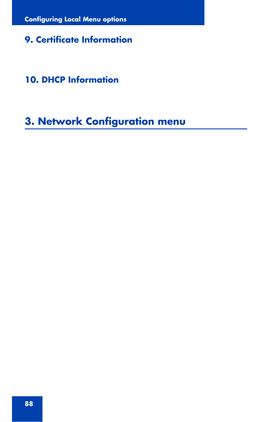 Certificate information, Dhcp information, Network configuration menu | Avaya 1120E User Manual | Page 88 / 214