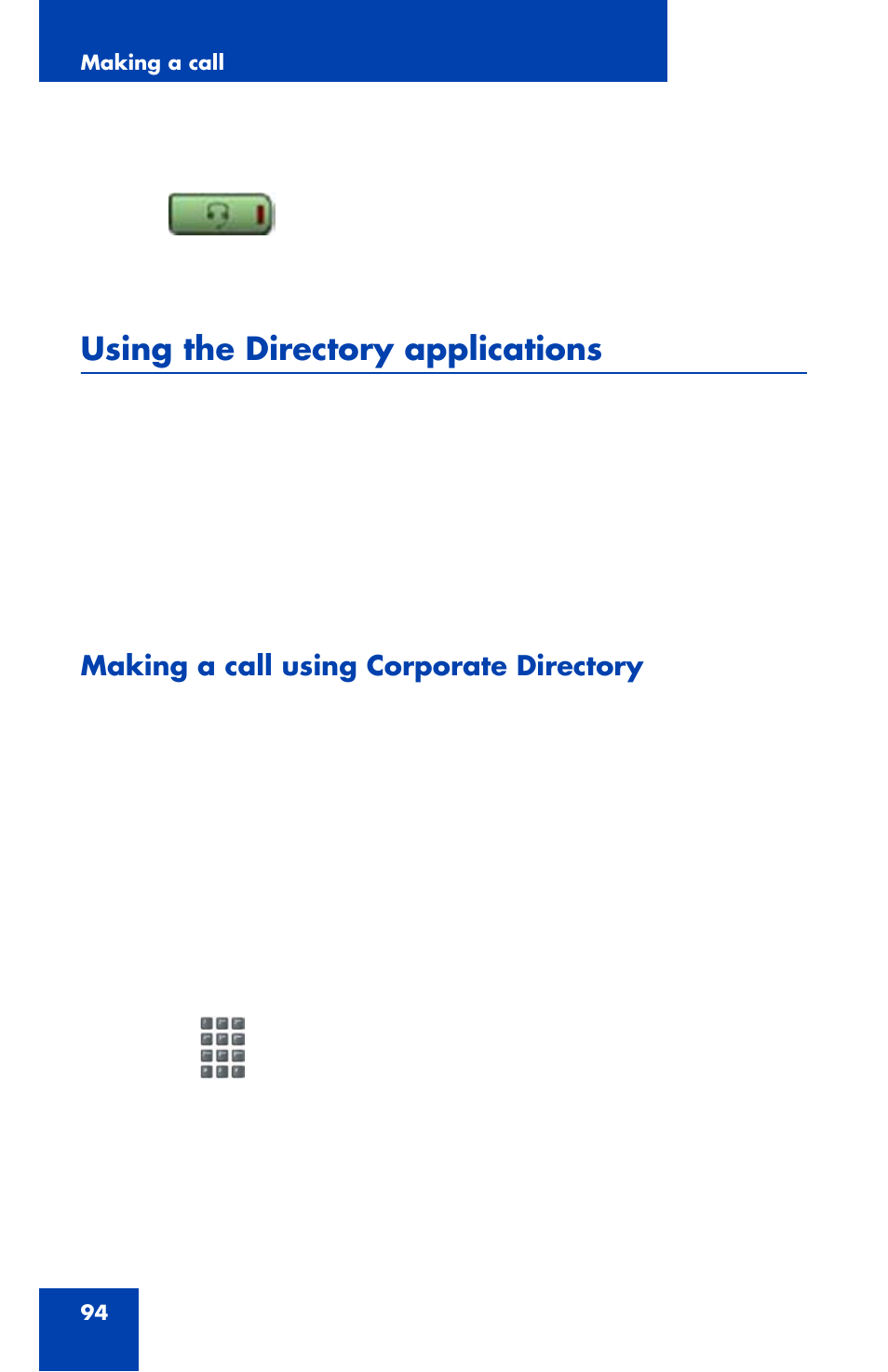 Using the directory applications, Making a call using corporate directory | Avaya 1120E User Manual | Page 94 / 214