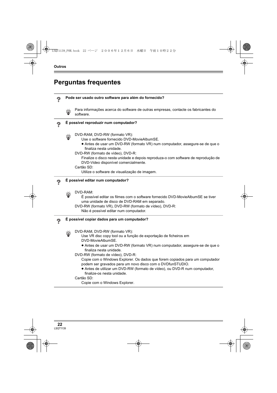 Perguntas frequentes | Panasonic VDRD310E User Manual | Page 22 / 96