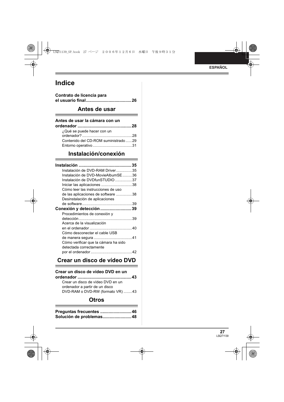 Indice, Antes de usar, Instalación/conexión | Crear un disco de vídeo dvd, Otros | Panasonic VDRD310E User Manual | Page 27 / 96