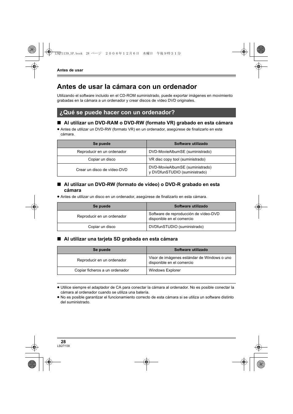 Antes de usar la cámara con un ordenador, Qué se puede hacer con un ordenador | Panasonic VDRD310E User Manual | Page 28 / 96