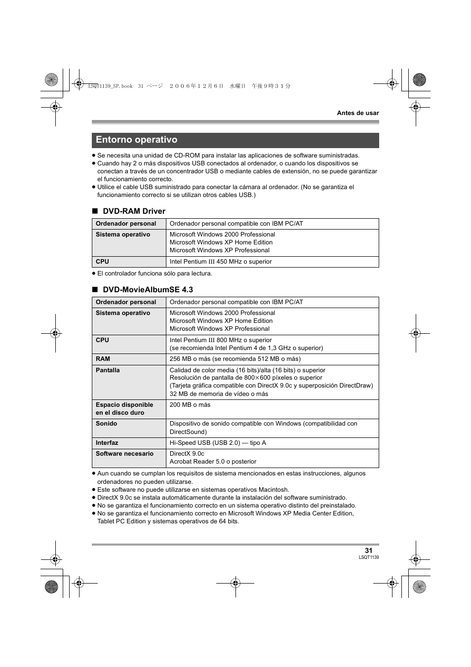 Entorno operativo | Panasonic VDRD310E User Manual | Page 31 / 96