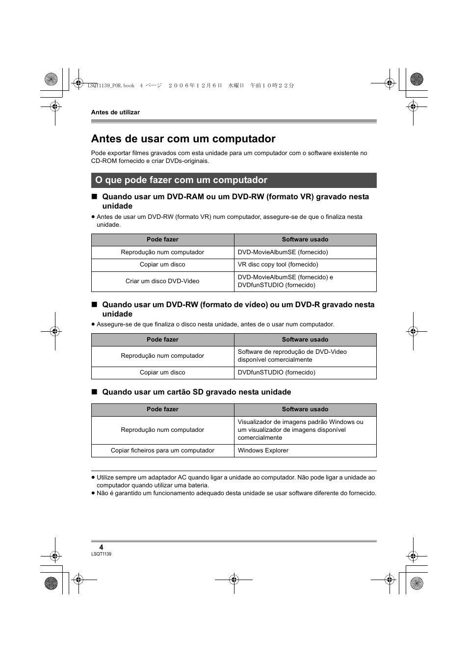 Antes de usar com um computador, O que pode fazer com um computador | Panasonic VDRD310E User Manual | Page 4 / 96