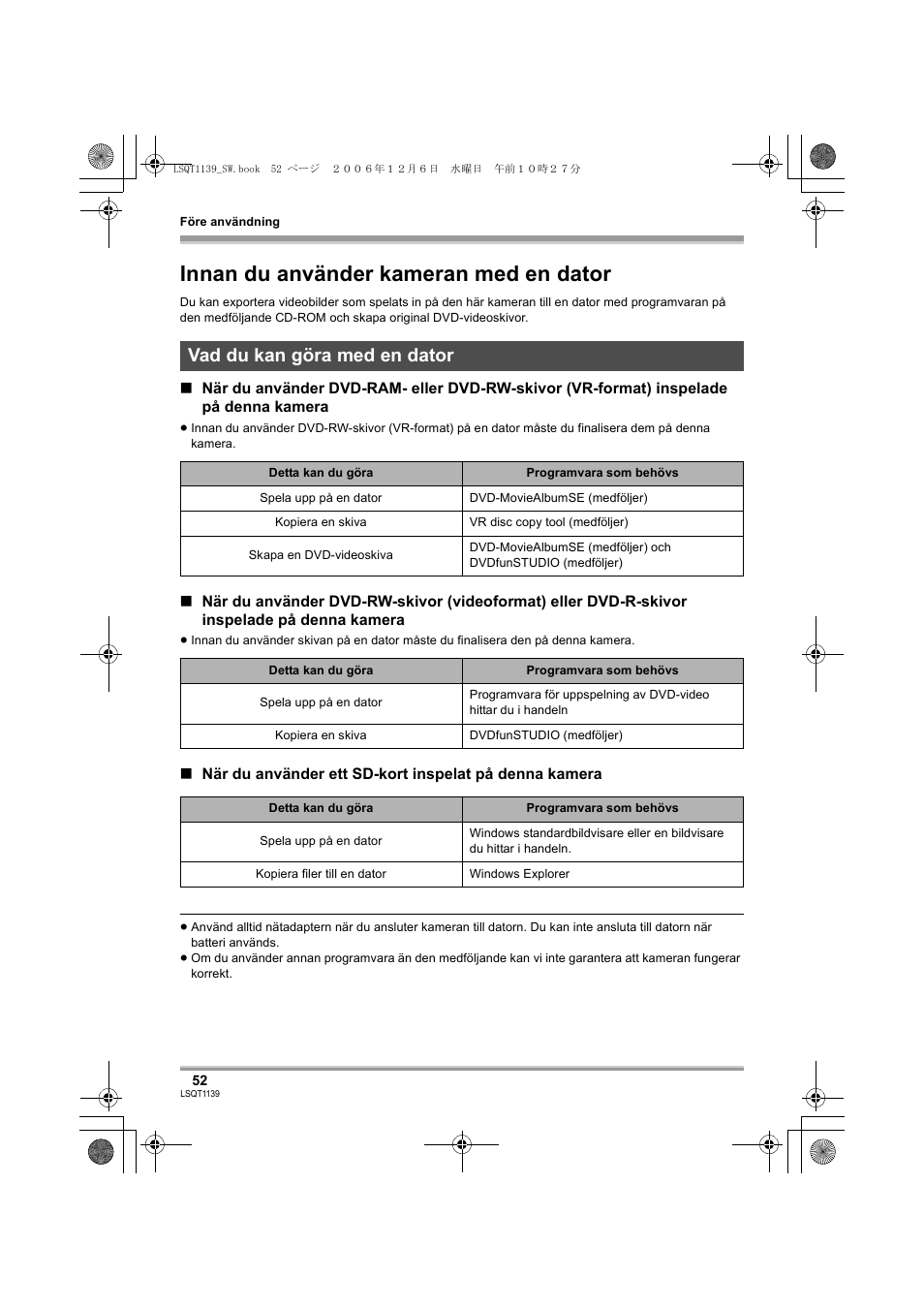 Innan du använder kameran med en dator, Vad du kan göra med en dator | Panasonic VDRD310E User Manual | Page 52 / 96