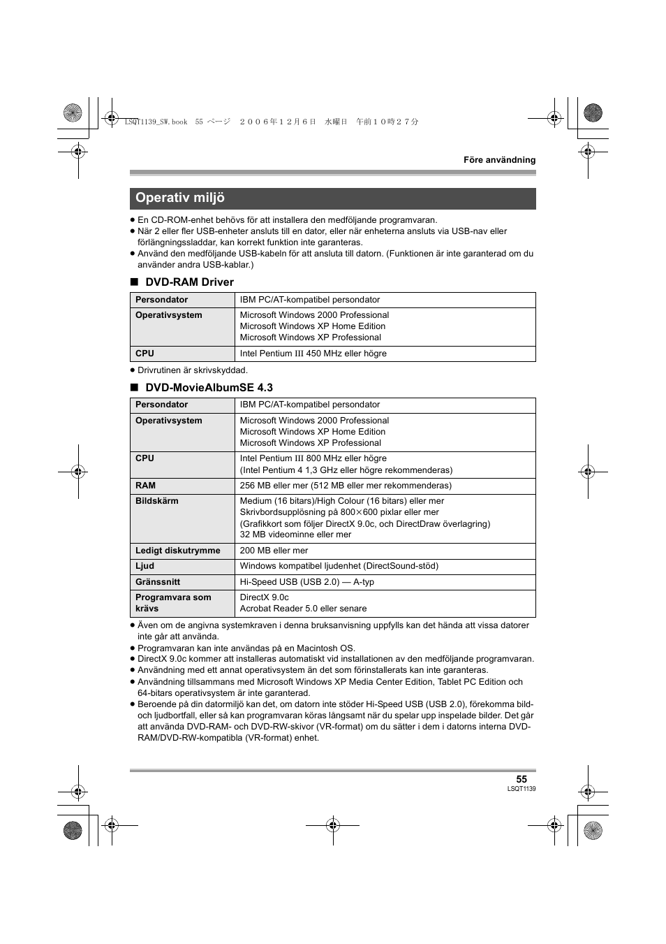 Operativ miljö | Panasonic VDRD310E User Manual | Page 55 / 96