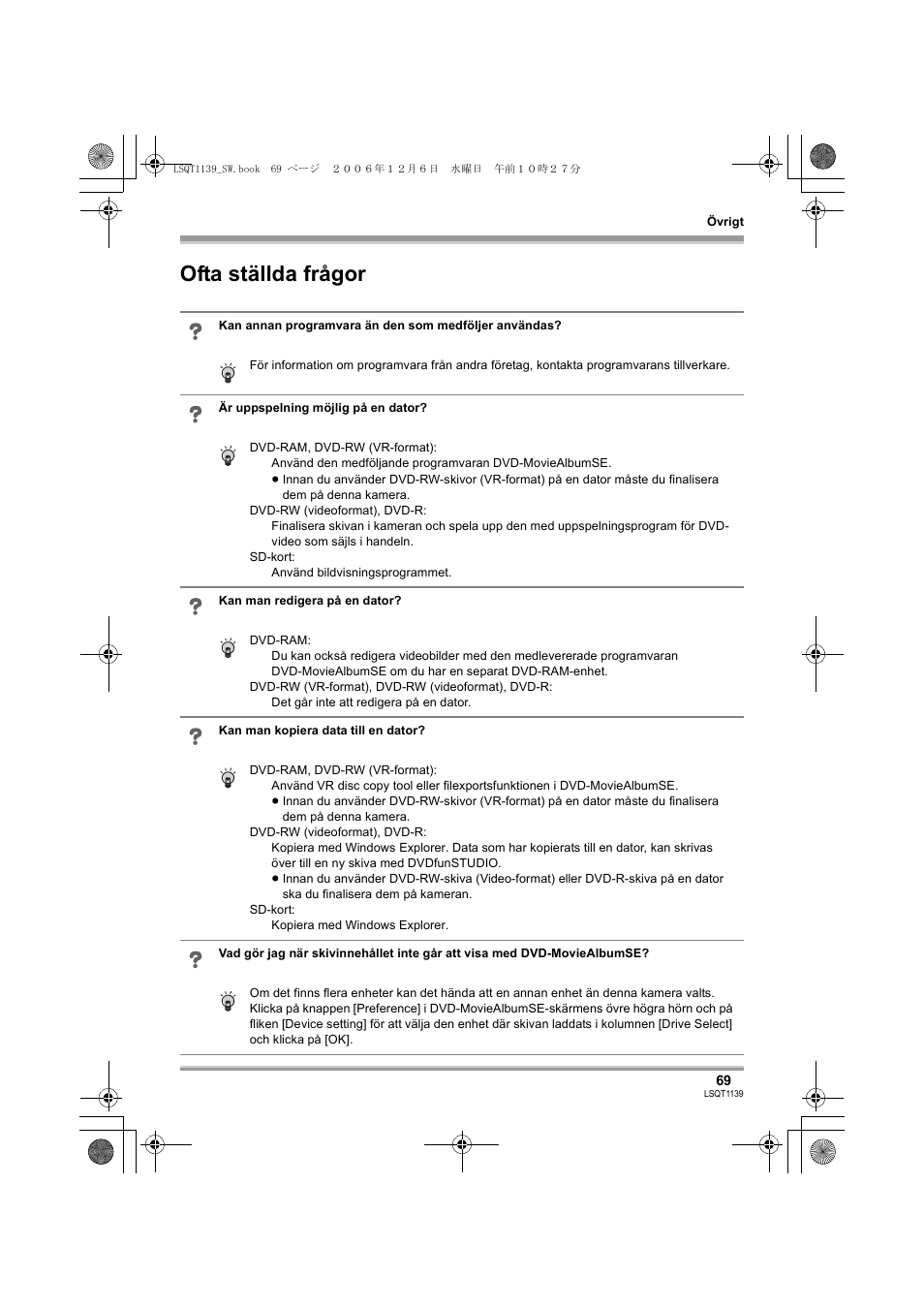 Ofta ställda frågor | Panasonic VDRD310E User Manual | Page 69 / 96