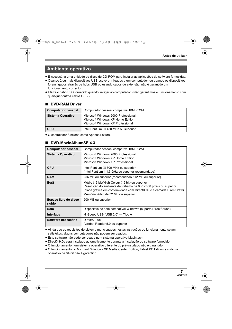 Ambiente operativo | Panasonic VDRD310E User Manual | Page 7 / 96