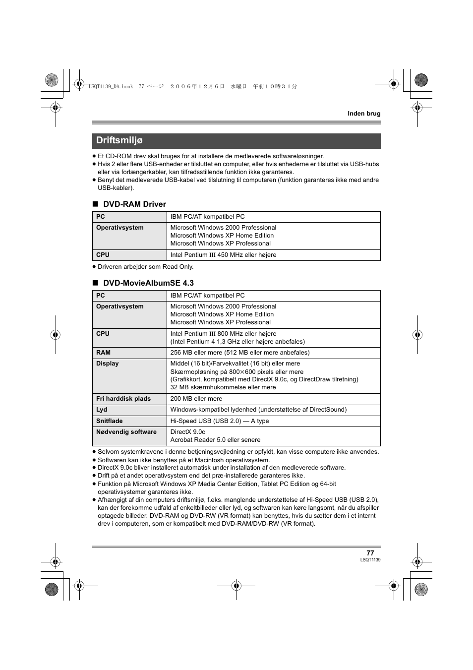 Driftsmiljø | Panasonic VDRD310E User Manual | Page 77 / 96