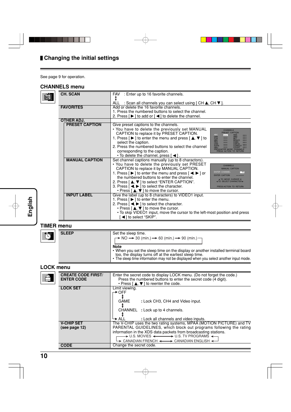 English changing the initial settings, Timer menu, Channels menu | Lock menu | Panasonic TY42TM6MA User Manual | Page 10 / 44