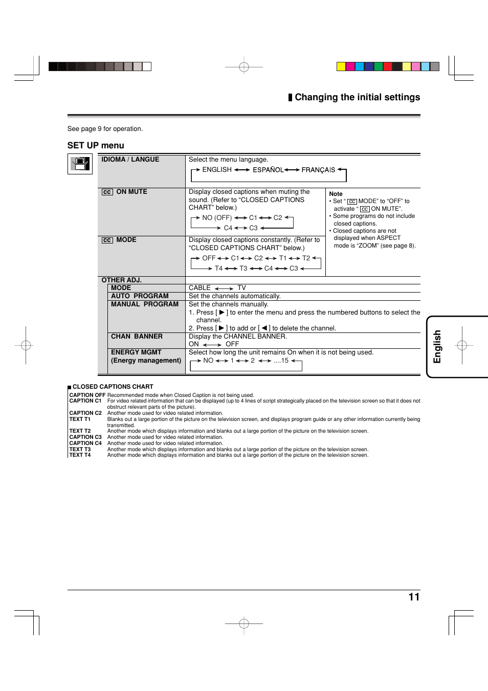 English changing the initial settings, Set up menu | Panasonic TY42TM6MA User Manual | Page 11 / 44