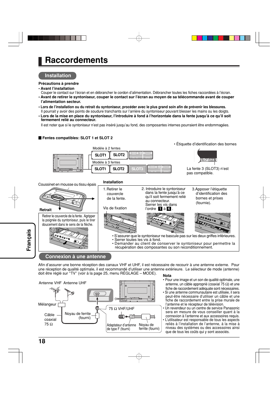 Raccordements, Fran ç ais, Connexion à une antenne | Installation | Panasonic TY42TM6MA User Manual | Page 18 / 44