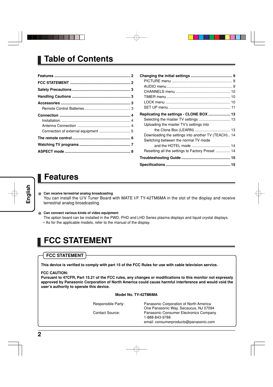 Table of contents features, Fcc statement, English | Panasonic TY42TM6MA User Manual | Page 2 / 44