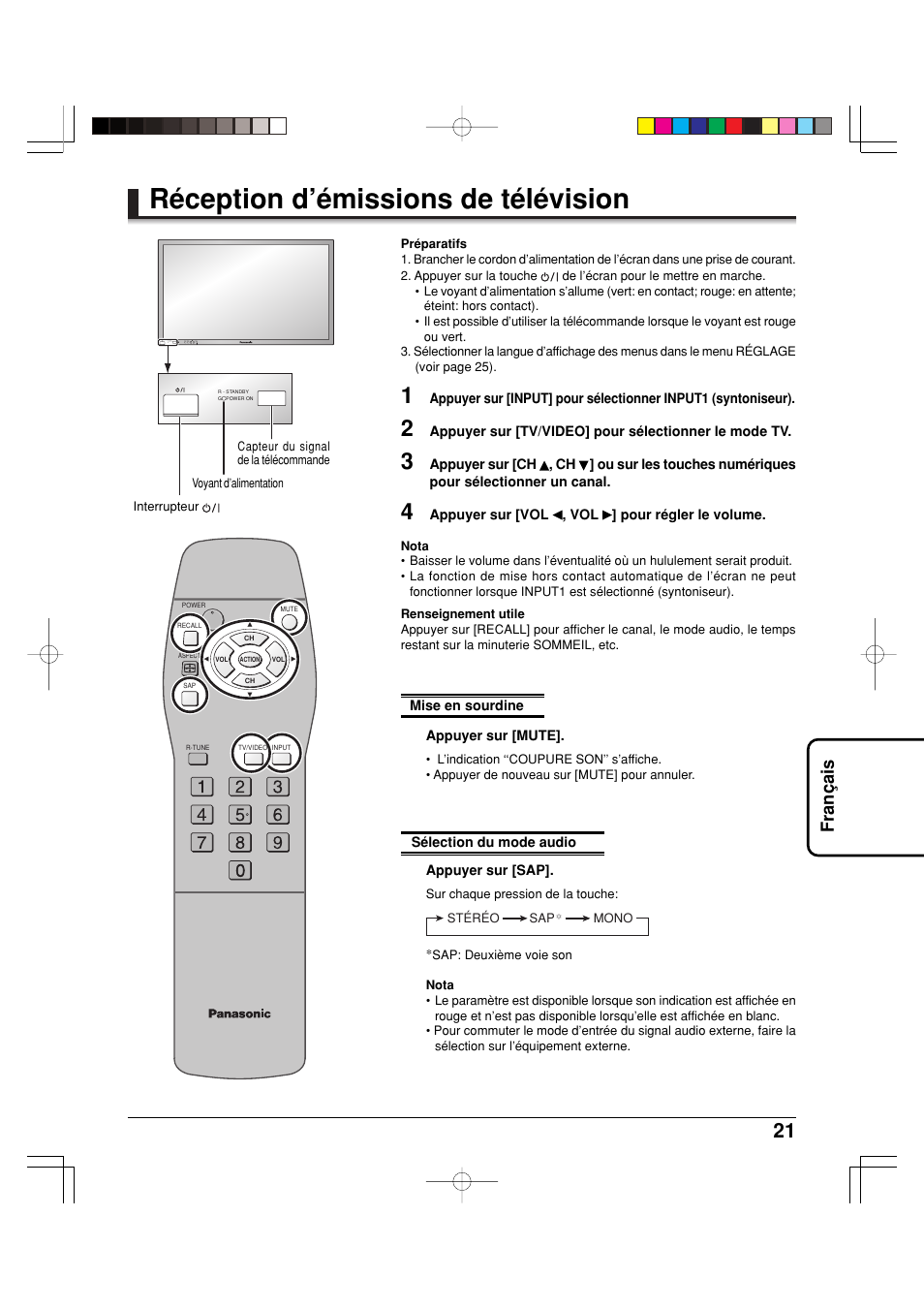 Réception d’émissions de télévision, Fran ç ais | Panasonic TY42TM6MA User Manual | Page 21 / 44