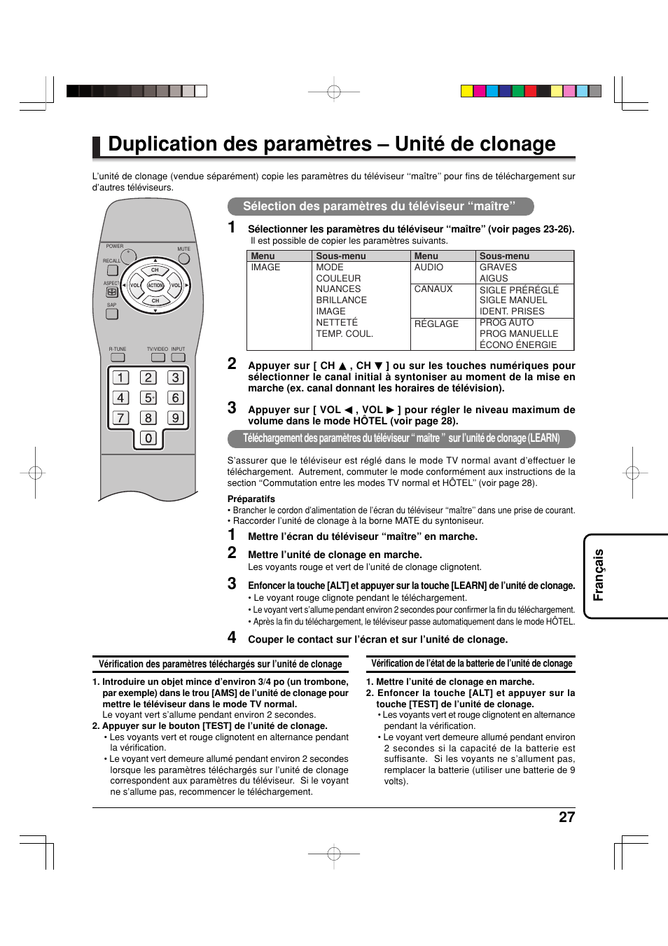 Duplication des paramètres – unité de clonage, Fran ç ais | Panasonic TY42TM6MA User Manual | Page 27 / 44