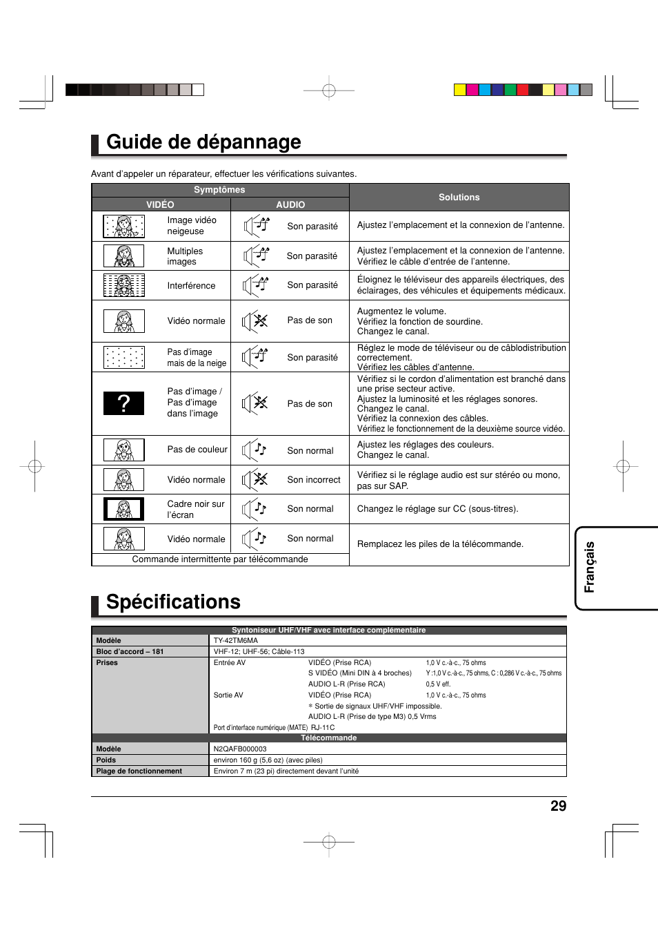 Spécifications, Guide de dépannage, Fran ç ais | Panasonic TY42TM6MA User Manual | Page 29 / 44