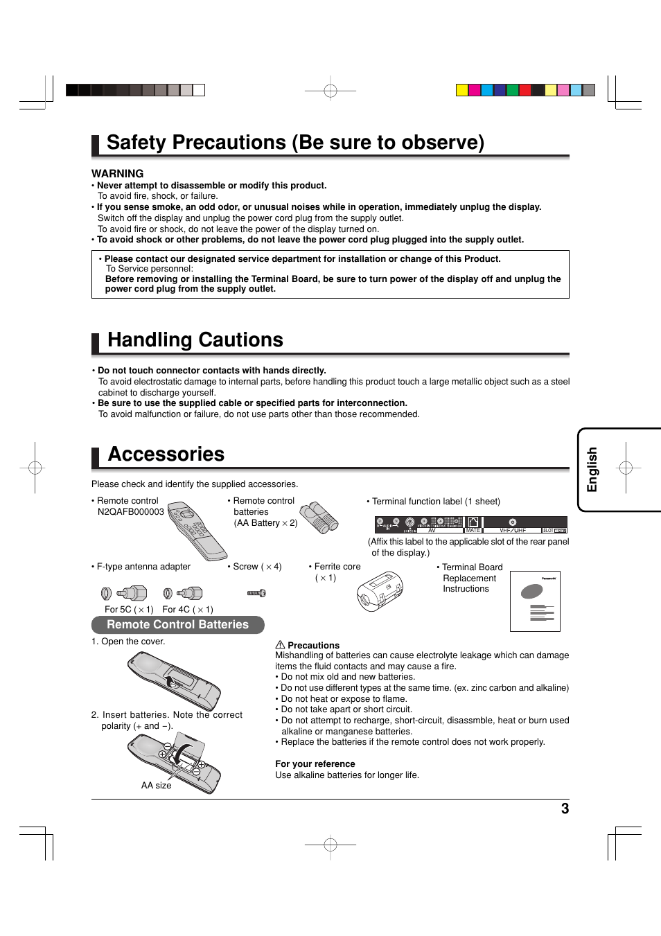 Safety precautions (be sure to observe), Handling cautions, Accessories | English | Panasonic TY42TM6MA User Manual | Page 3 / 44