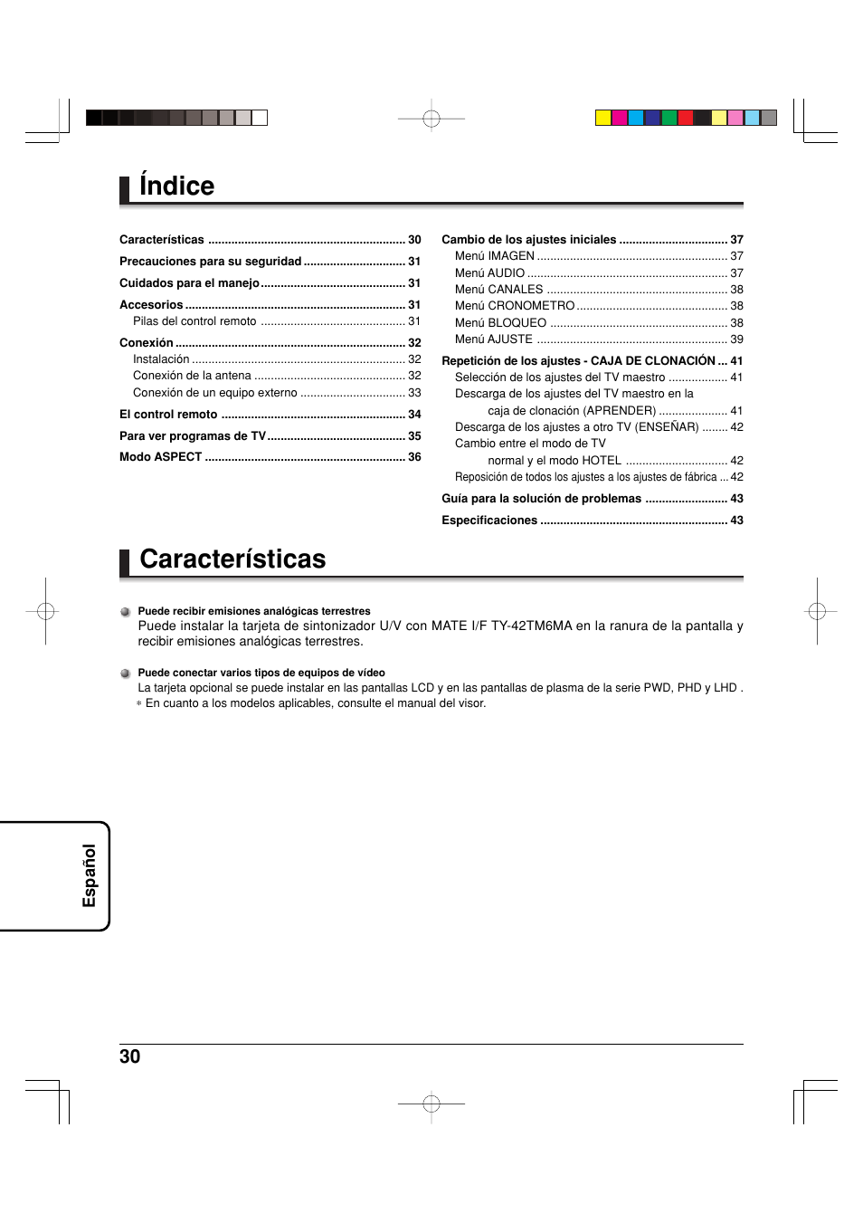 Índice características, Espa ñ ol | Panasonic TY42TM6MA User Manual | Page 30 / 44