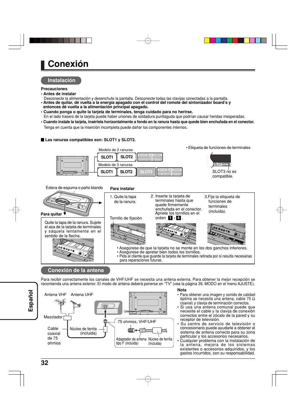 Conexión, Espa ñ ol, Conexión de la antena | Instalación | Panasonic TY42TM6MA User Manual | Page 32 / 44
