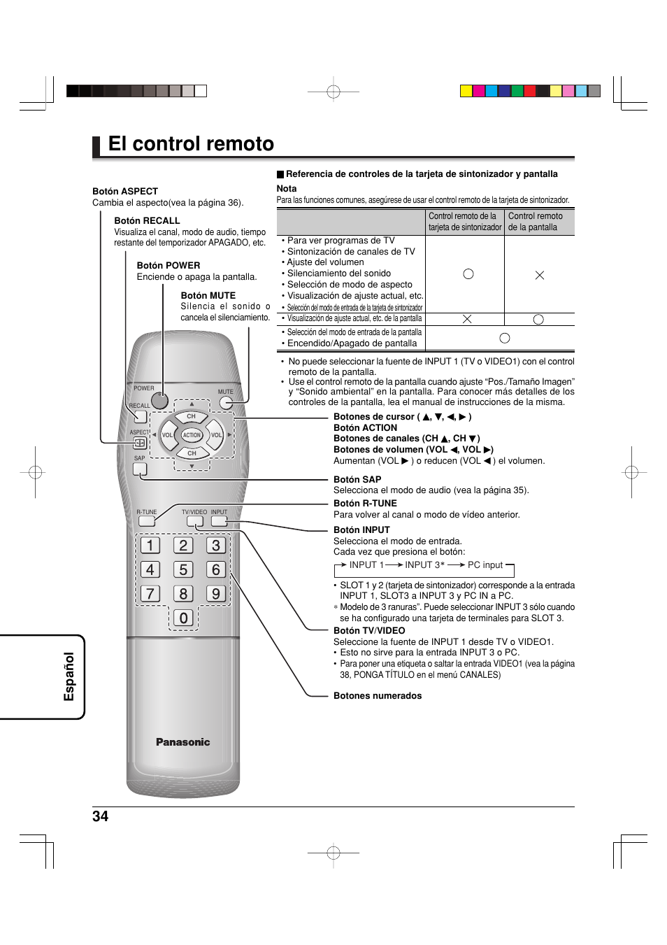 El control remoto, Espa ñ ol | Panasonic TY42TM6MA User Manual | Page 34 / 44