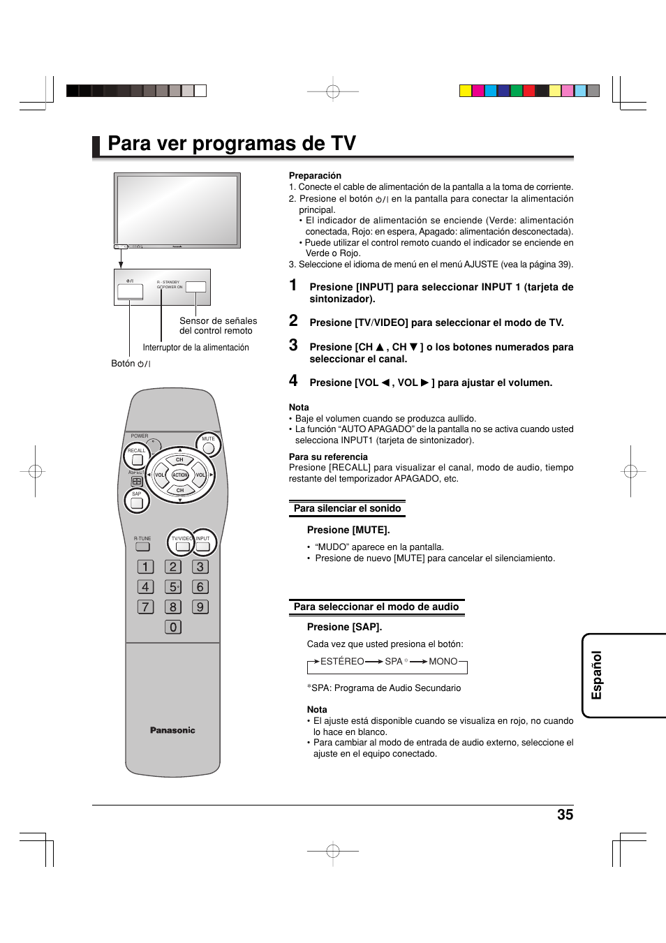 Para ver programas de tv, Espa ñ ol | Panasonic TY42TM6MA User Manual | Page 35 / 44
