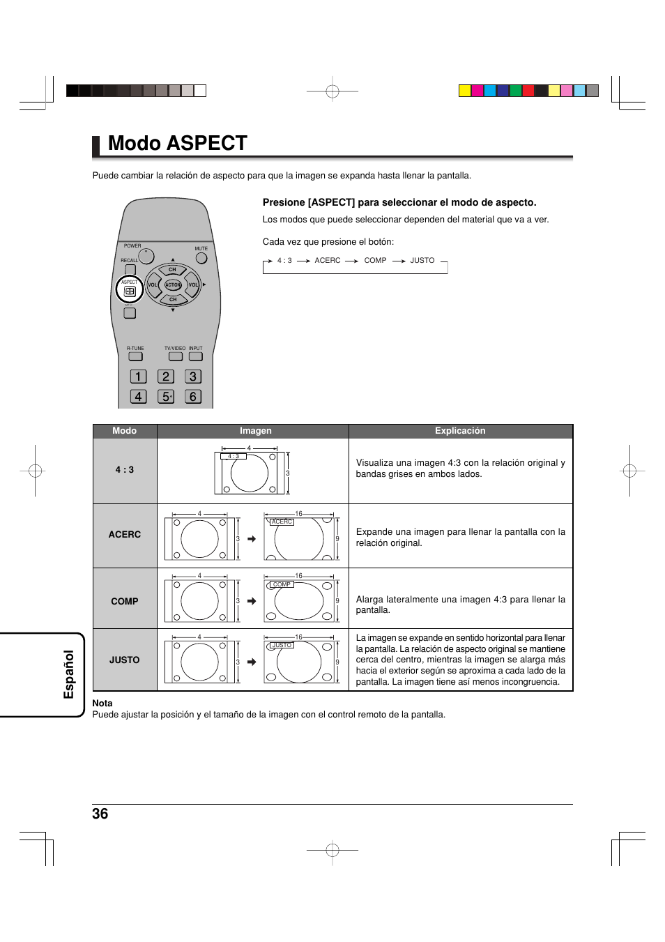 Modo aspect, Espa ñ ol | Panasonic TY42TM6MA User Manual | Page 36 / 44
