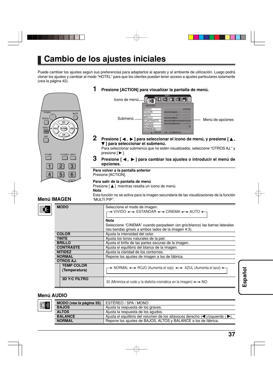 Cambio de los ajustes iniciales, Espa ñ ol, Menú audio | Menú imagen | Panasonic TY42TM6MA User Manual | Page 37 / 44